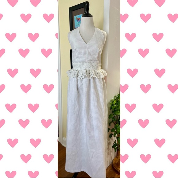 Vintage Dress Maxi 70s-80s Vicky Vaughan NWT Pique/Eyelet Peplum Waist Halter - Picture 2 of 8